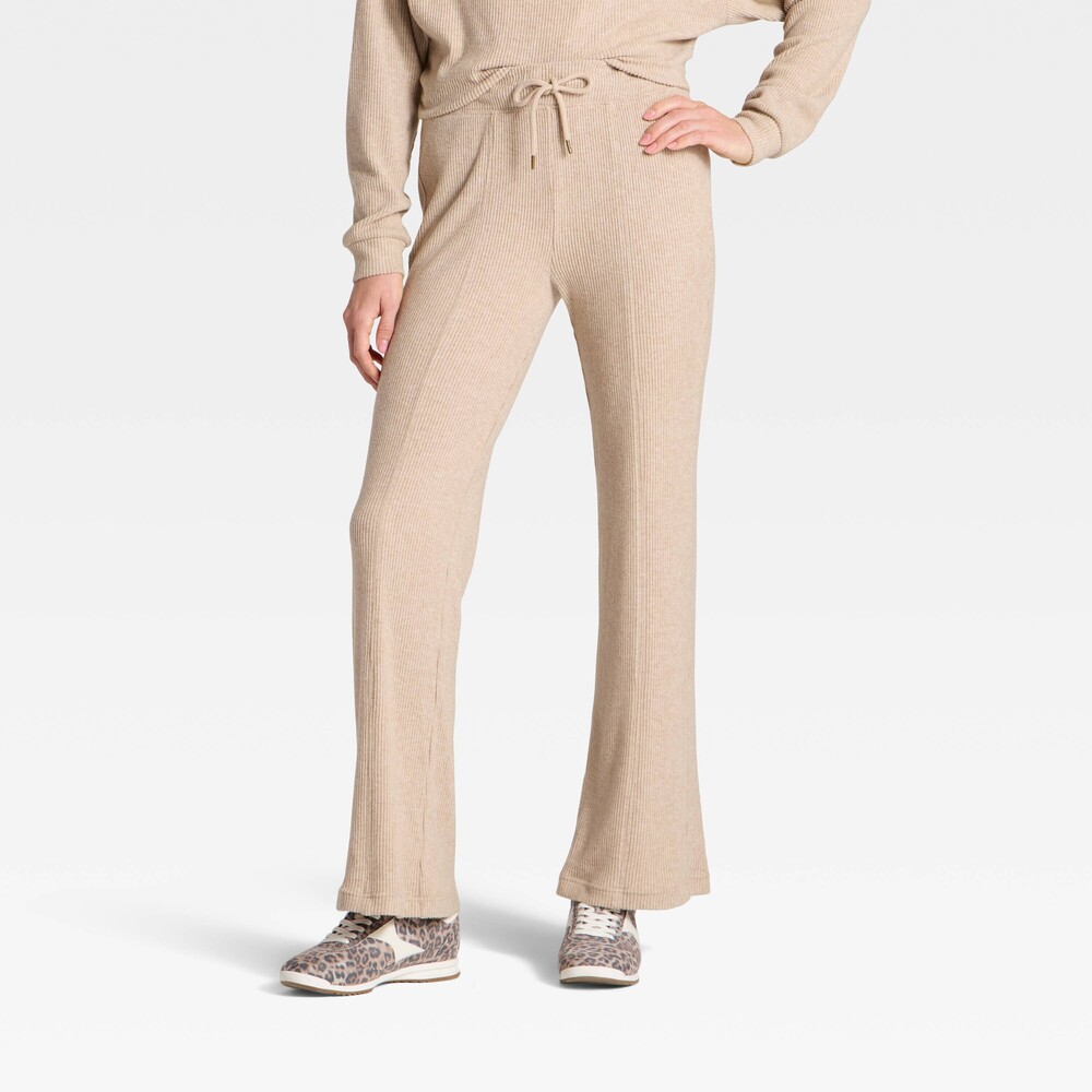Women's Mid-Rise Ribbed Flare Pants - Universal Thread™ Oatmeal L